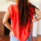 Red-Orange Mock Neck Flutter Sleeve Top