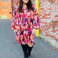 Diva Dreams Coral & Charcoal Floral Tie Neck Pintuck Satin Dress