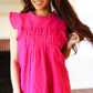 Love Life Cotton Fuchsia Frill Mock Neck Flutter Sleeve Top